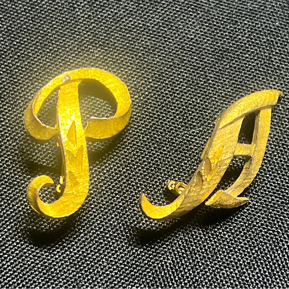 Letter P & A Etched  MAMSELLE Vintage Gold Tone Brooch Pin
